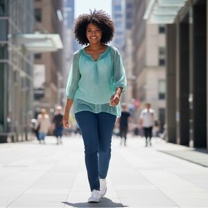 Liz Claiborne Sheer Teal Polka‎ Dot Blouse